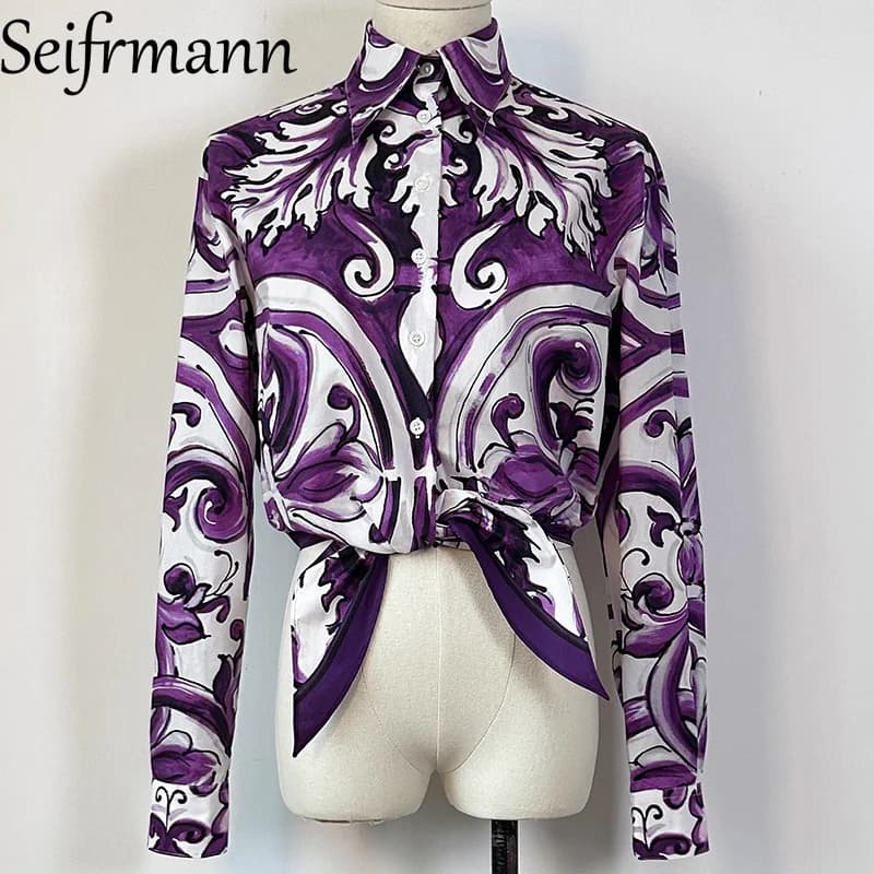 Seifrmann élégant femmes hauts col rabattu simple boutonnage à manches longues mode imprimé chemise 