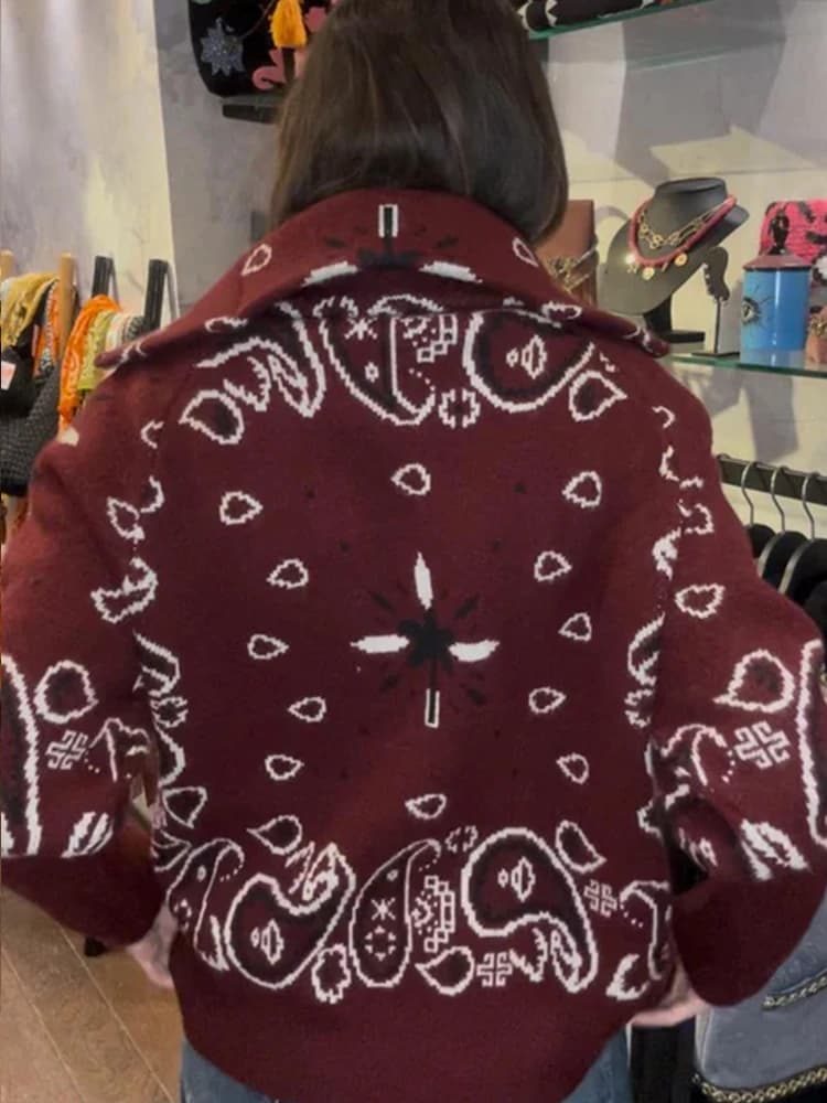 Cardigan en tricot Jacquard à col montant pour femme, ample, fermeture éclair, manches longues, poch