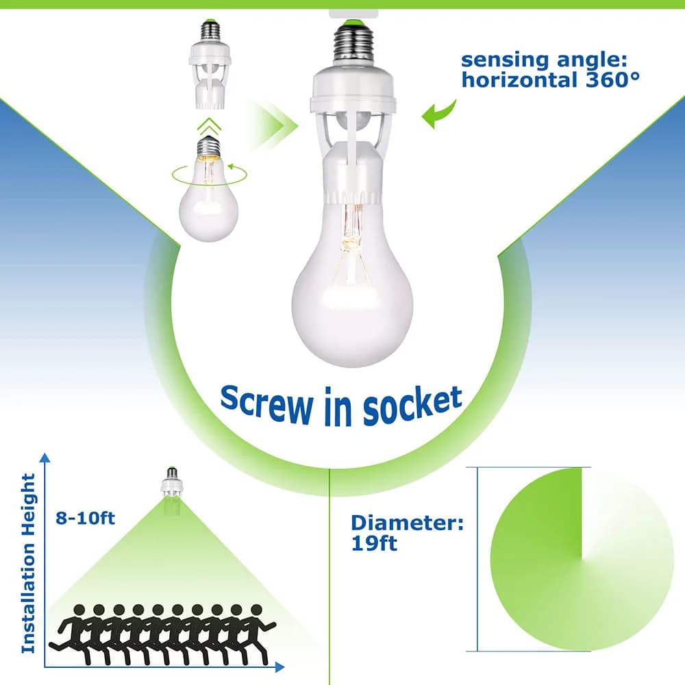 Convertisseur de douille AC100-240V E27 avec capteur de mouvement PIR Ampoule LED E27 Base de lampe 