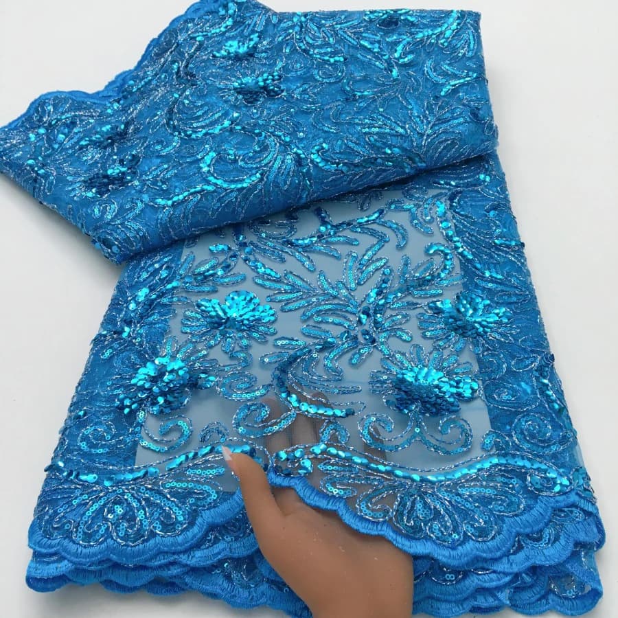 Tissu en dentelle de tulle bleu à sequins, broderie de luxe française pour robe de mariée, tissu en 
