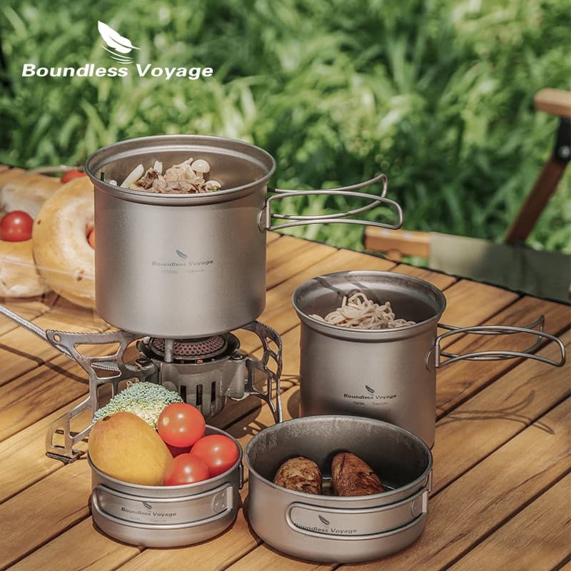 Ensemble de casseroles de Camping en titane, Voyage sans limites, avec poignée pliante, pique-nique,