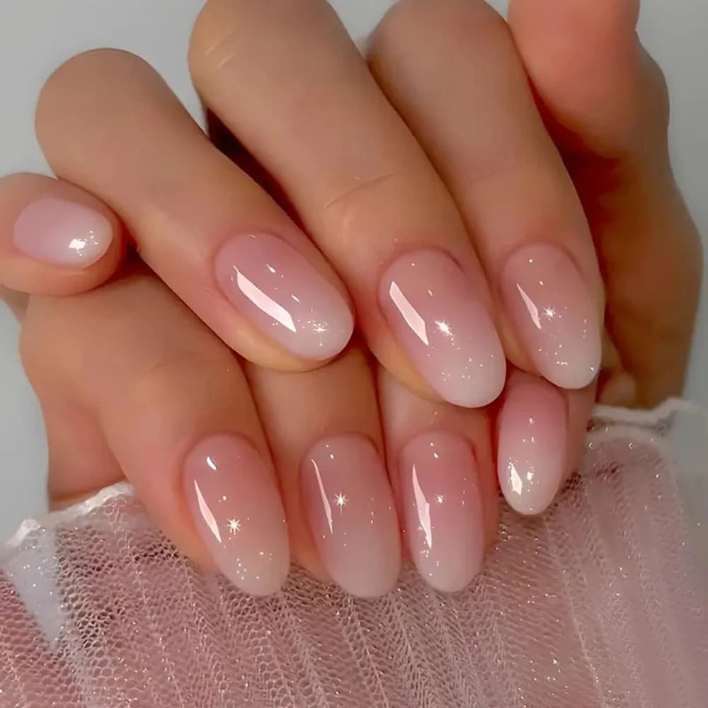 24 pièces presse sur ongles court amande rose couleur bonbon blanc Gradation Nail Art paillettes fau
