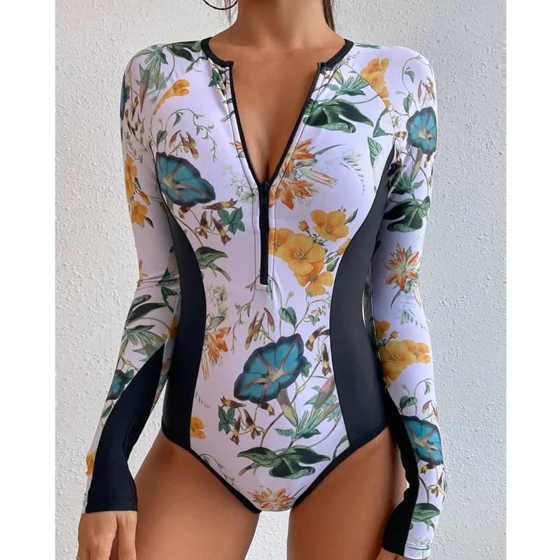 Été impression fermeture éclair une pièce maillot de bain fermé à manches longues maillots de bain s