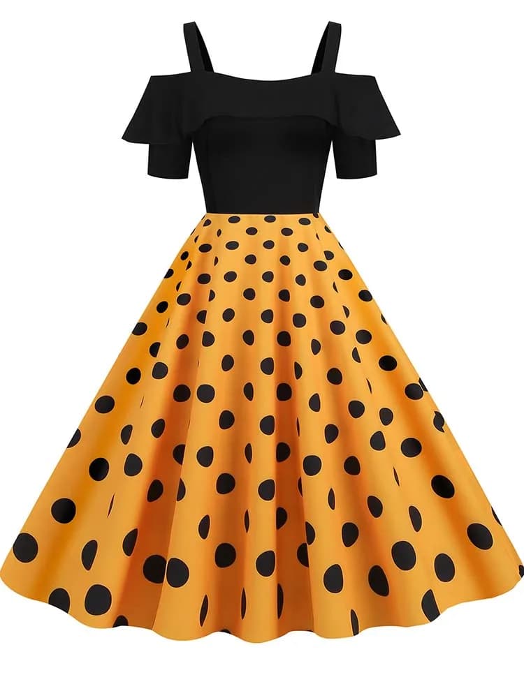 Robe de soirée Vintage élégante pour femmes, épaules dénudées, à pois, à volants, ligne A, robes mi-