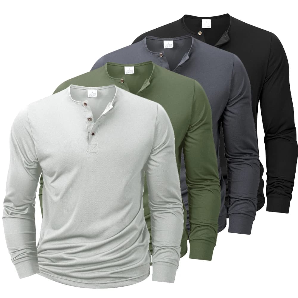 Nouveaux hommes Henley T-shirts à manches longues basique décontracté col de bande T-shirts conforta