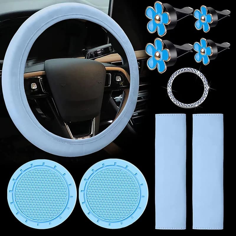 Housse de volant en cuir pour femmes, 10 pièces, ensemble d'accessoires de voiture mignons avec cein