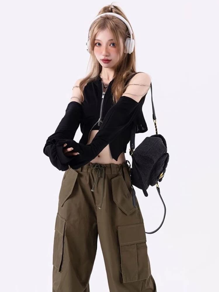 T-shirt à manches longues avec fermeture éclair pour femmes, vêtements à épaules dénudées pour jeune