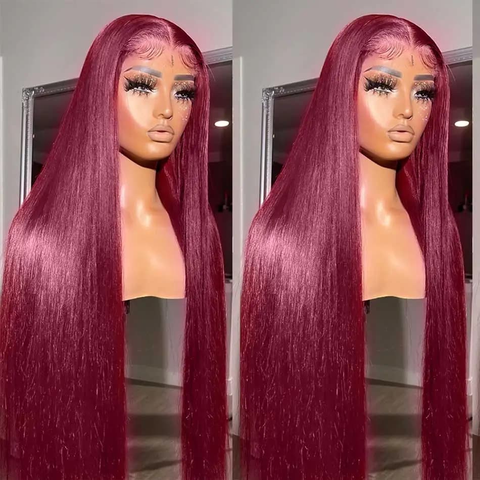 13x6 HD Transparent couleur dentelle avant perruques de cheveux humains 99J couleur bordeaux perruqu