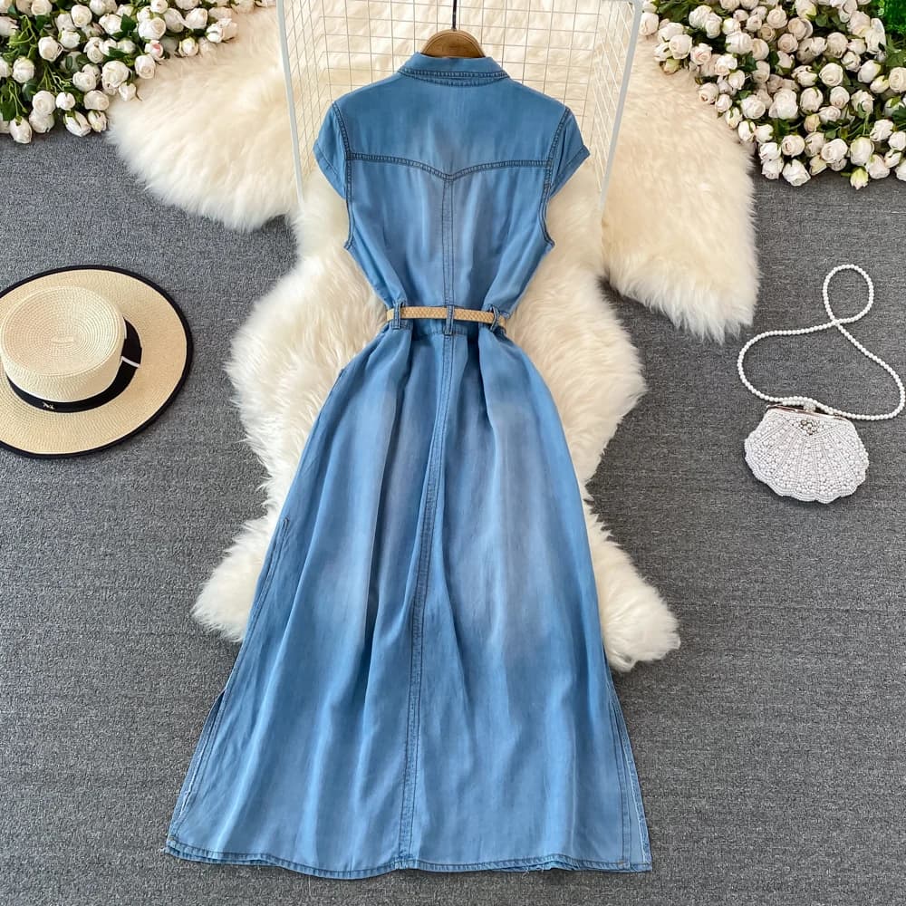 Robe Maxi en Jean pour Femme, Élégante, Col à Revers, Fibre Fine, Style Français, Rétro, Ligne A, Ch