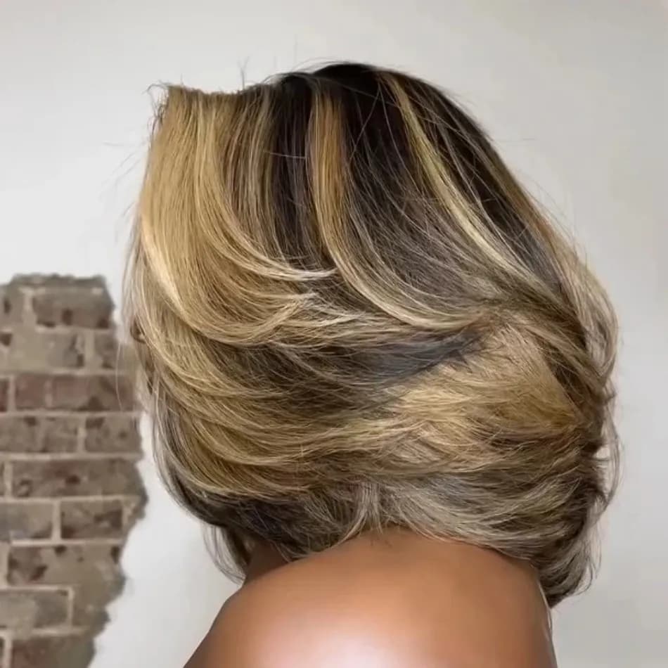Perruque courte bob en cheveux humains avec closure en dentelle 5x5, coupe dégradée, mèches blondes,