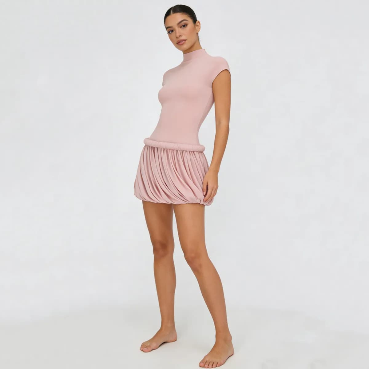 Nouvelle Robe Courte Femme CiCi 2026 Col Montant Manches Courtes Jupe Drapée Froncée Décontractée So