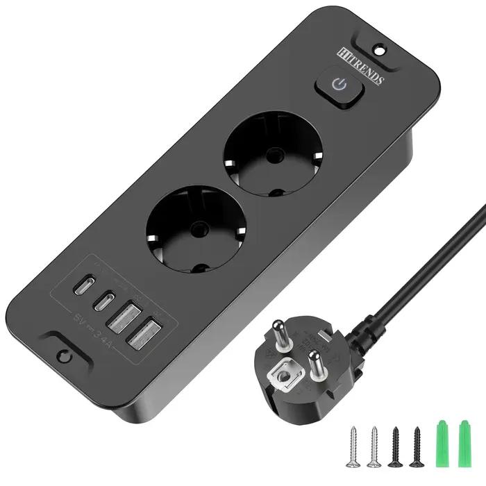 Multiprise de bureau intégrée aux normes européennes avec 2/3 prises CA, 2 ports USB, 2 ports de cha