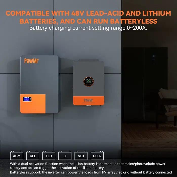 Convertisseur solaire hybride PowMr 10KW à phase fractionnée 48V 110V 220V, double MPPT, double sort