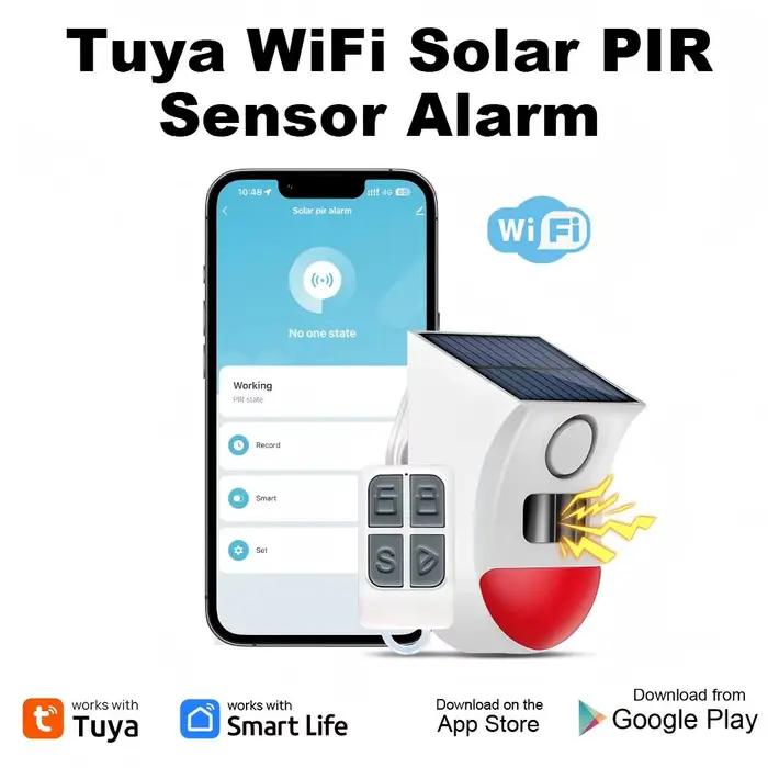 Alarme solaire Tuya WiFi 2-en-1 avec détecteur de mouvement 120 dB, sirène solaire, alerte à distanc