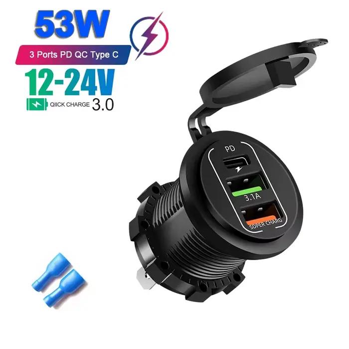 Prise de chargeur de voiture double type-c et double USB, 4 Ports, charge rapide, étanche avec voltm