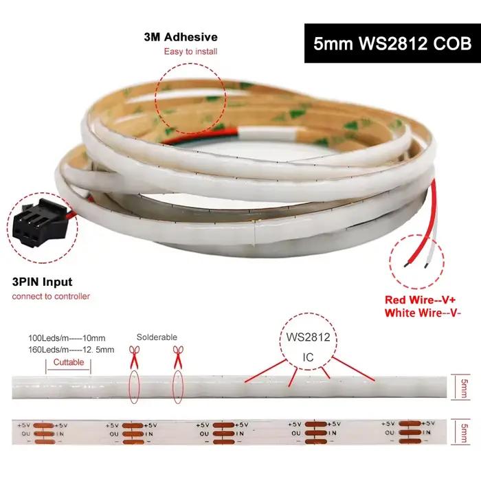 Bande lumineuse LED COB RGBIC 5V WS2812B, 5mm, adressable individuellement, Flexible, 60 100 160 dio