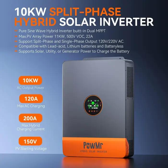 Convertisseur solaire hybride PowMr 10KW à phase fractionnée 48V 110V 220V, double MPPT, double sort