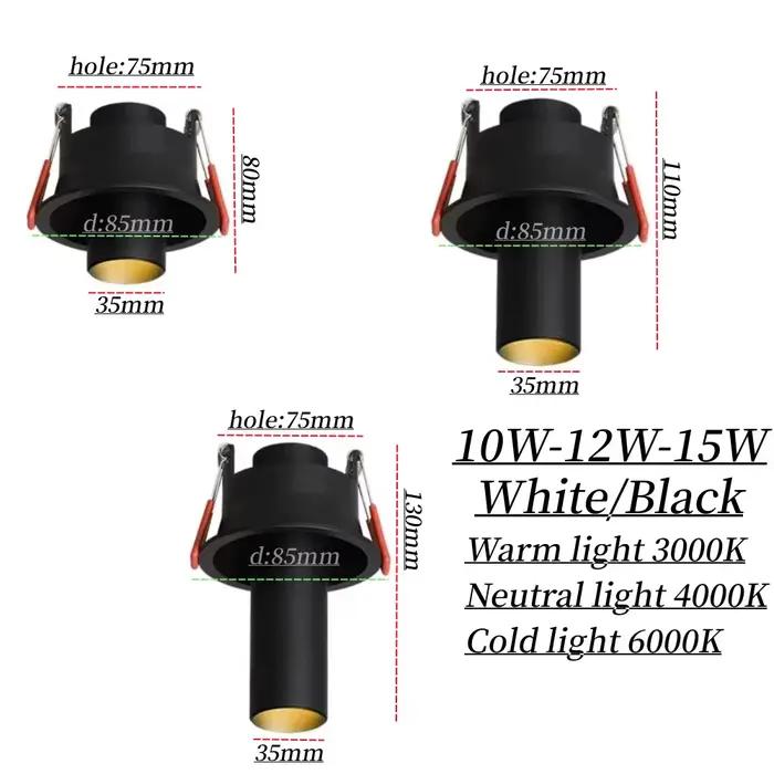 Spot lumineux LED encastrable Long 10W12W 15W Dimmable Anti-éblouissement 360 ° Rotation COB puce