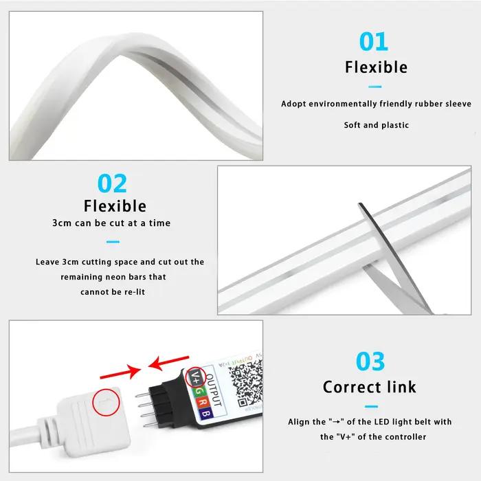 Bande Néon LED RGB USB DC5V, 1/2/3/4/5m, Étanche IP65, Application Bluetooth et Télécommande pour Éc