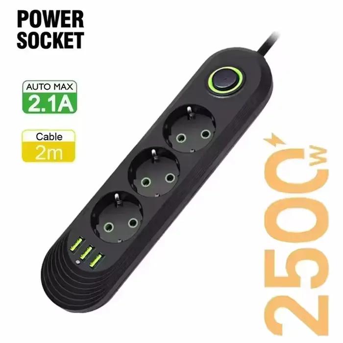 Multiprise électrique 2500W avec prise EU, rallonge de 2m, filtre réseau, prises électriques et port