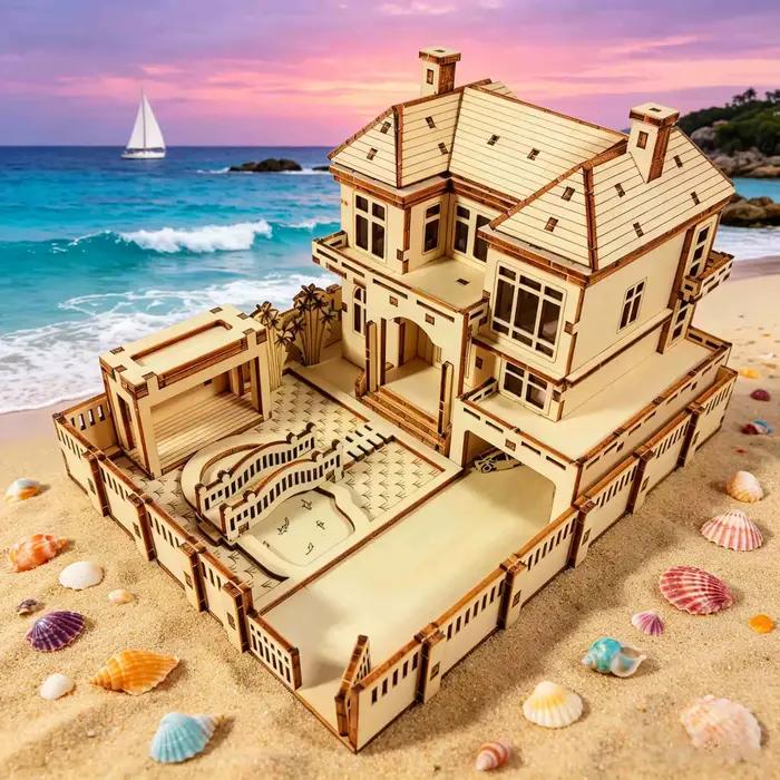 Puzzle 3D en bois - Modèle de maison de plage - Kit de montage de villa en bord de mer à faire soi-m