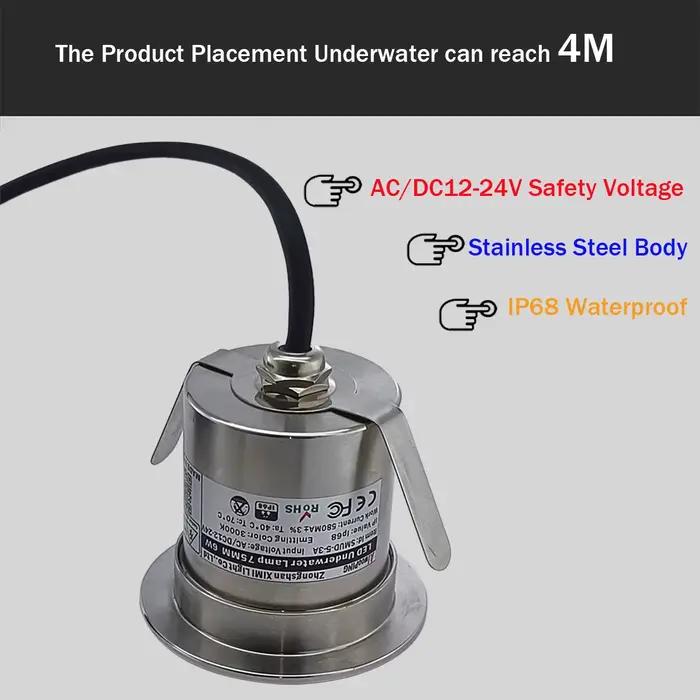 42MM 52MM 62MM 75MM 1W 3W 6W 12V-24V IP68 piscines éclairage tout en acier inoxydable LED lumière so