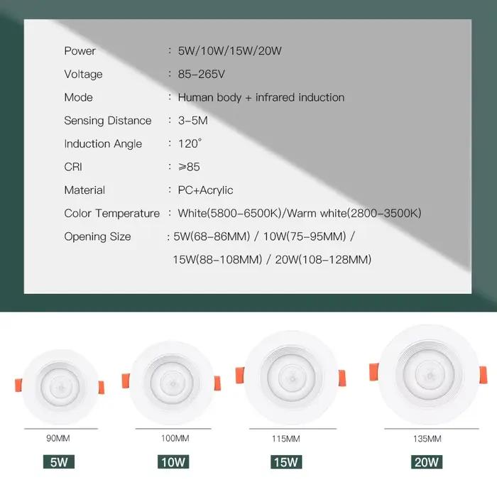 LED Downlights PIR capteur de mouvement vers le bas lumière 5W 10W 15W 20W encastré plafonnier blanc