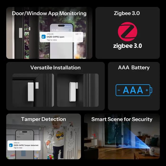 SONOFF SNZB-04PR2 SenseGuard DW Gen2 Capteur de porte/fenêtre Zigbee Sécurité active avec alertes de manigouillage Surveillance par application via ZBBridge-P