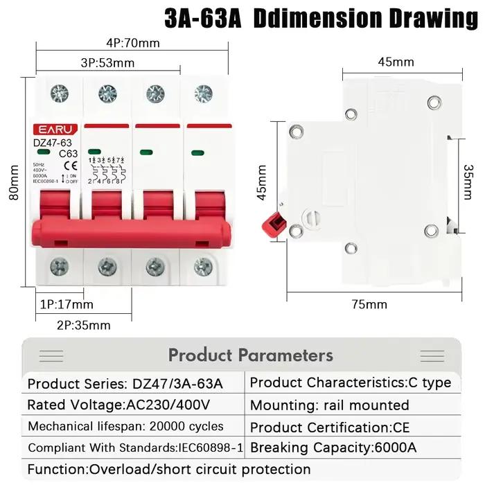Disjoncteur miniature (MCB) 1P 2P 3P 4P DZ47 3A-125A AC 230V 400V Type C