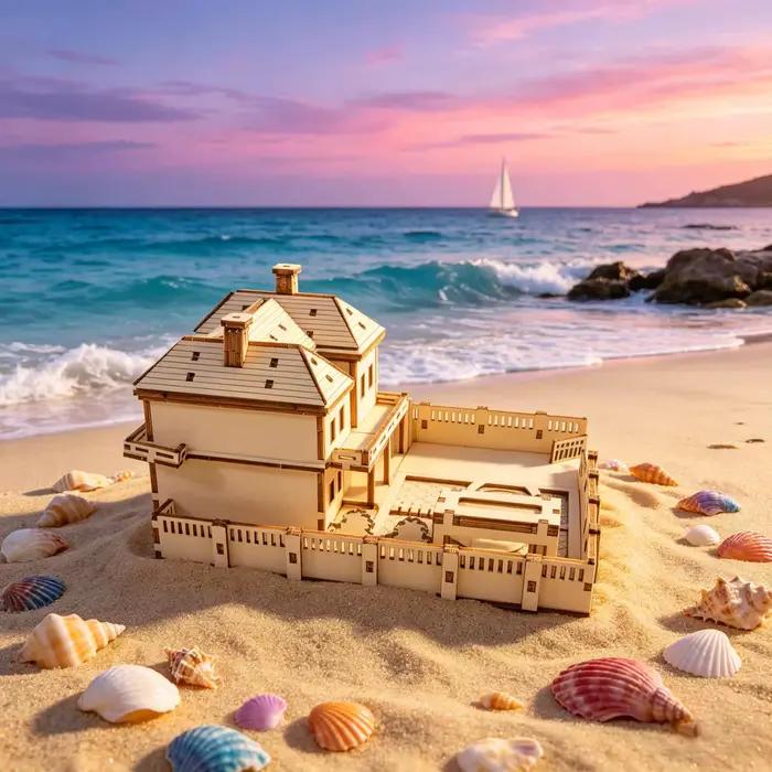 Puzzle 3D en bois - Modèle de maison de plage - Kit de montage de villa en bord de mer à faire soi-même - Décoration d'intérieur unique et cadeau de collection