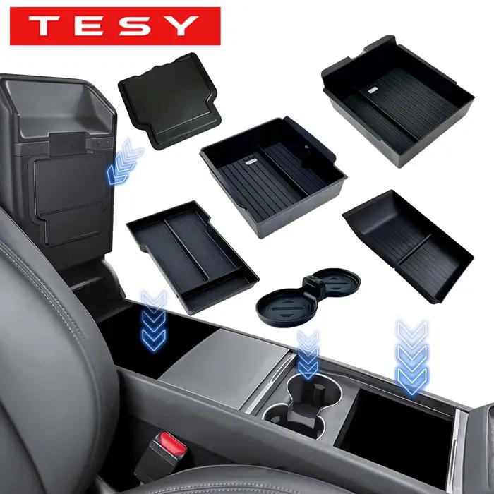 Boîte de rangement pour accoudoir TESY pour Tesla Y Juniper avec tapis antidérapant en silicone ABS et porte-gobelets pour rangement de console et organisation de voiture occassions spéciales