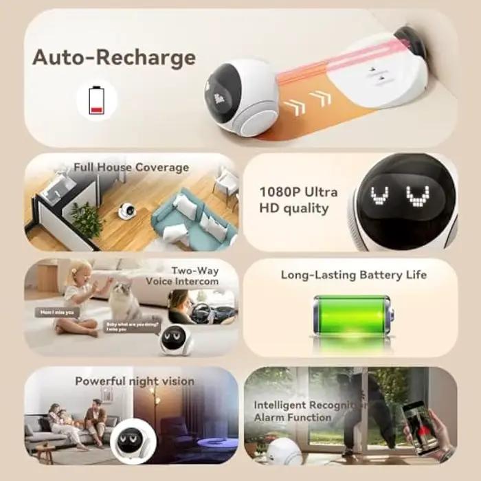 Caméra robot pour animaux de compagnie | Appareil mobile d'intérieur avec recharge automatique