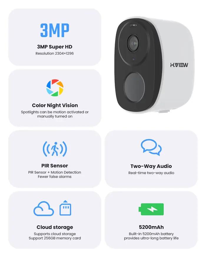 H.VIEW – caméra d'extérieur sans fil alimentée par batterie PIR
