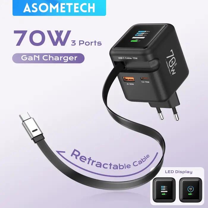 Chargeur rapide GaN 70W avec câble rétractable type-c 3 en 1 PD3.0 QC4.0 PPS