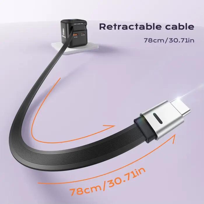 Chargeur rapide GaN 70W avec câble rétractable type-c 3 en 1 PD3.0 QC4.0 PPS
