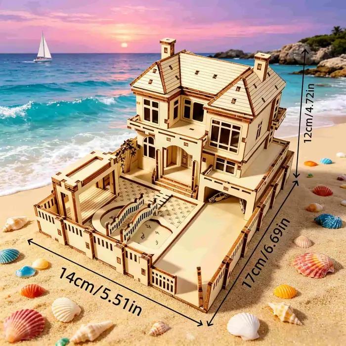 Puzzle 3D en bois - Modèle de maison de plage - Kit de montage de villa en bord de mer à faire soi-même - Décoration d'intérieur unique et cadeau de collection