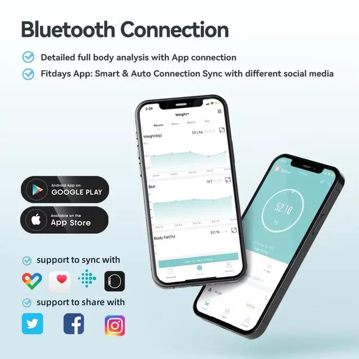 Balance de poids de graisse corporelle intelligente en verre trempé pour salle de bain avec application smartphone pour suivi de la santé quotidien hebdomadaire et annuel