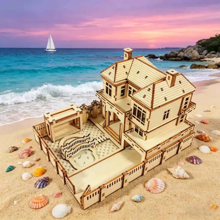 Puzzle 3D en bois - Modèle de maison de plage - Kit de montage de villa en bord de mer à faire soi-même - Décoration d'intérieur unique et cadeau de collection