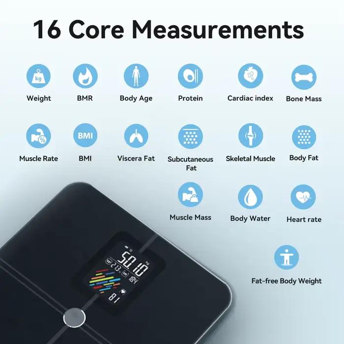 Balance de poids de graisse corporelle intelligente en verre trempé pour salle de bain avec application smartphone pour suivi de la santé quotidien hebdomadaire et annuel
