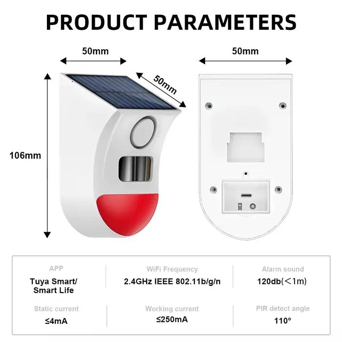 Alarme solaire Tuya WiFi 2-en-1 avec détecteur de mouvement 120 dB