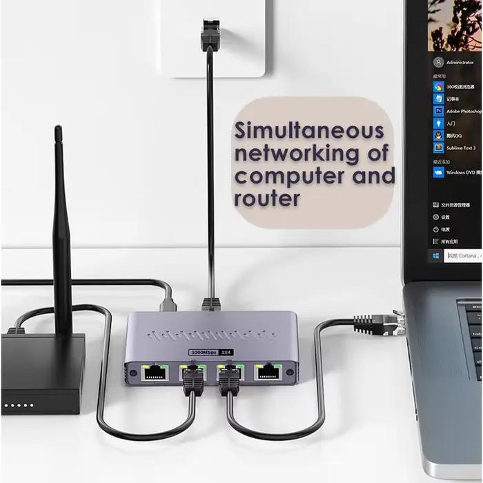 Répartiteur Ethernet 1x4 1000Mbps Gigabit RJ45 Cat6 LAN Internet 1 entrée 4 sorties coupleur d'extension pour PC portable routeur boîtier de télévision numérique