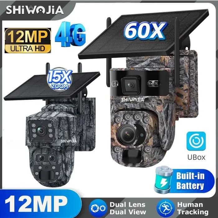 SHIWOJIA 6K 12MP 4G Caméra de sécurité solaire ZOOM 60X Extérieur 360 ° Voir la surveillance des animaux Batterie