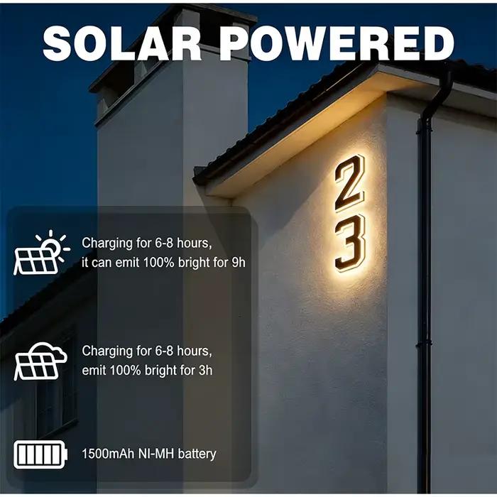 Ensemble de numéros de maison solaires étanches à LED avec capteur