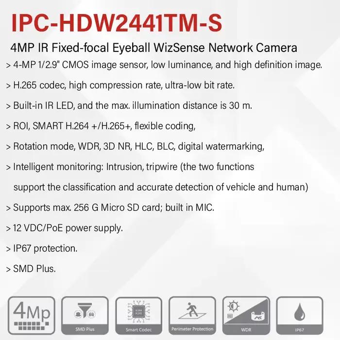 Dahua 4MP 8MP corps entièrement en métal caméra IR extérieure IP67 étanche 4K CCTV avec micro carte SD détection humaine HDW2441TM-S HDW2841TM-S