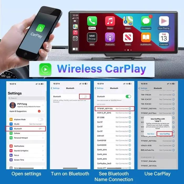 10.26 ''Tape Cam 4K voiture miroir lecteur vidéo sans fil Carplay Android Auto GPS