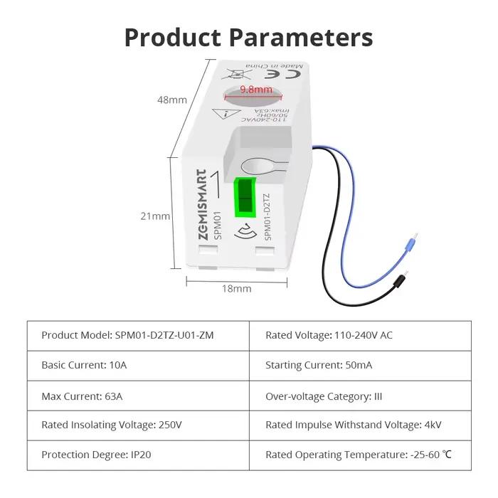 Zemismart Zigbee 3.0 Moniteur de puissance intelligent 63A