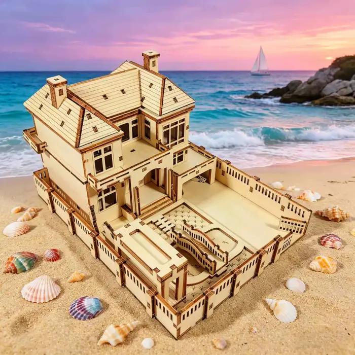 Puzzle 3D en bois - Modèle de maison de plage - Kit de montage de villa en bord de mer à faire soi-même - Décoration d'intérieur unique et cadeau de collection