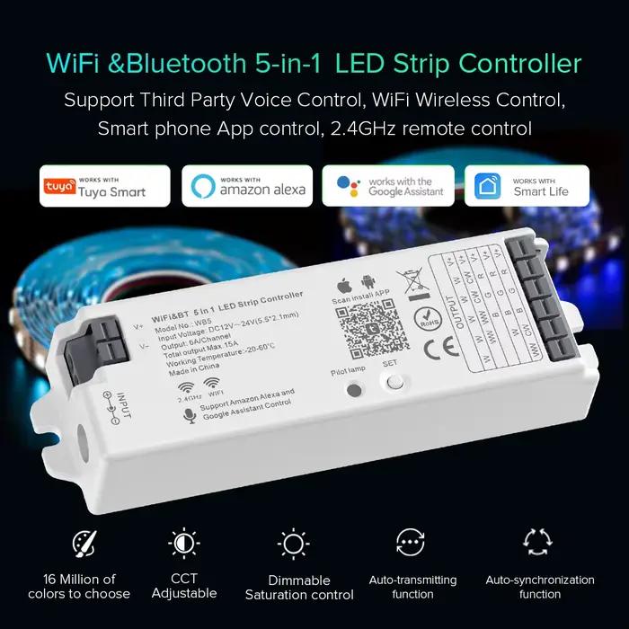 Wifi Alexa Voice 5 en 1 contrôleur d'assistance Google 5CH RGB RGBW CCT variateur Bluetooth bande lumineuse LED IOS