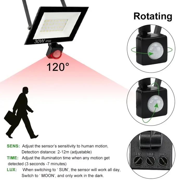 Éclairage LED PIR capteur de mouvement projecteur LED extérieur 10W 20W 30W 50W 100W IP66 étanche