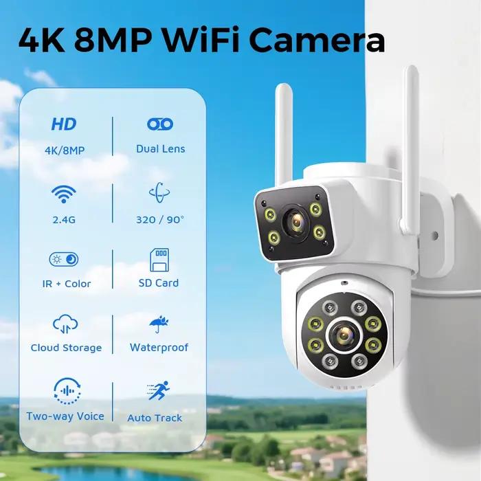 Caméra IP de sécurité sans fil extérieure 6K 12MP HD double objectif externe Wifi PTZ